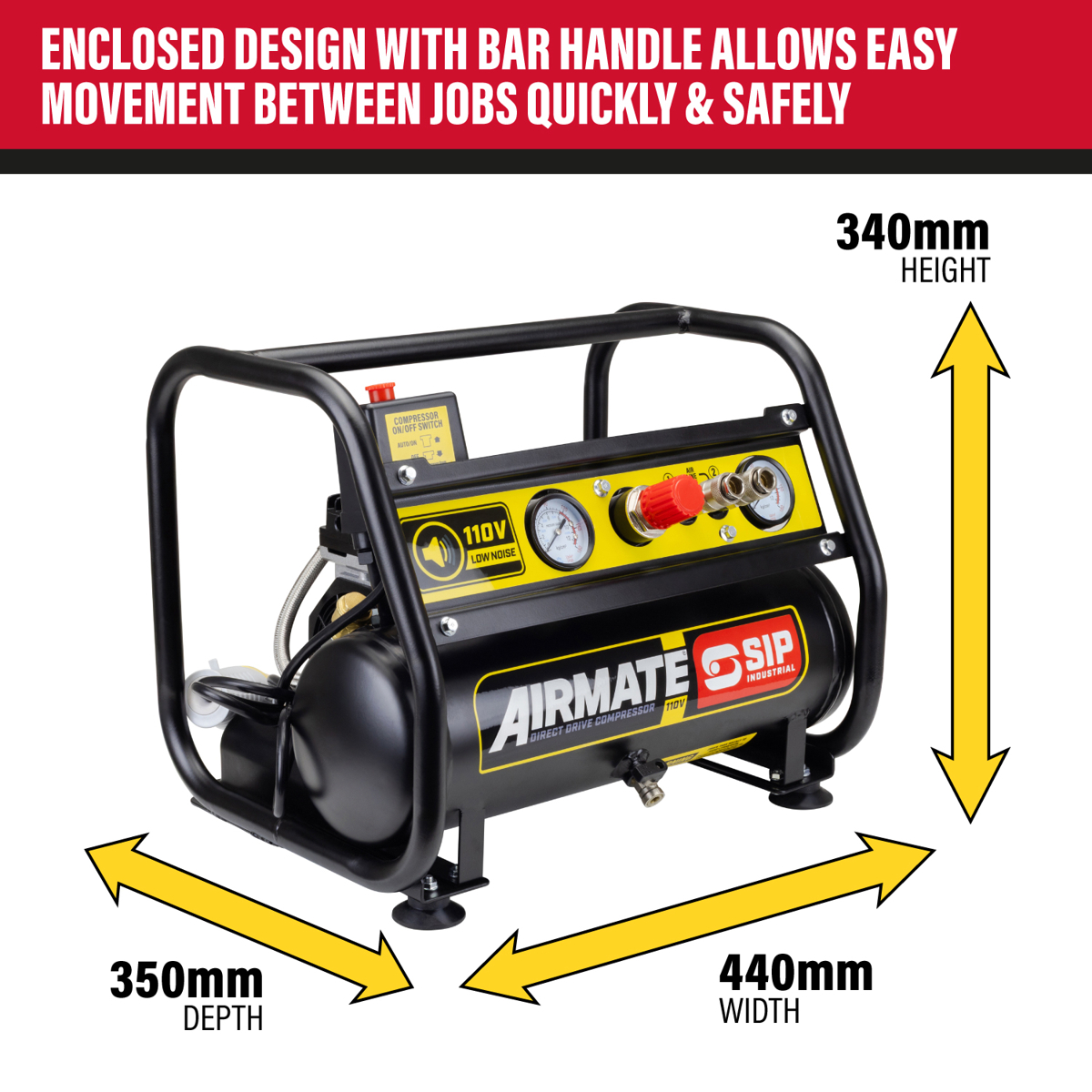SIP AIRMATE® 110V 6L 1.5hp Low Noise Oil-Free Direct Drive Compressor